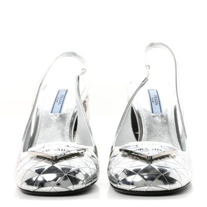 Prada Spazzolato Triangle Logo Slingback 90mm Pumps 37 Argento 3 of 8