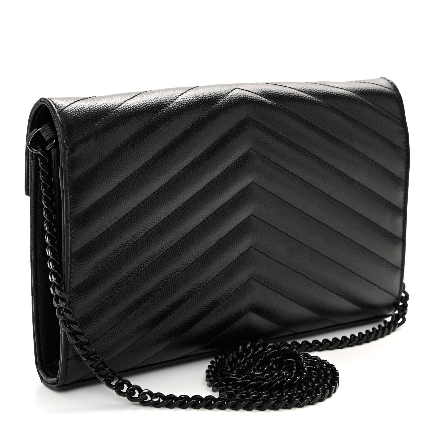 Saint Laurent Grain De Poudre Matelasse Chevron Monogram Monochrome Chain Wallet Black 3 of 9