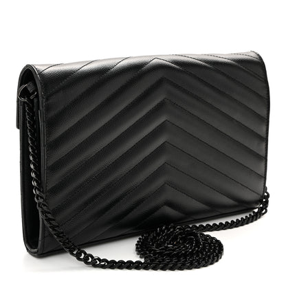Saint Laurent Grain De Poudre Matelasse Chevron Monogram Monochrome Chain Wallet Black 3 of 9