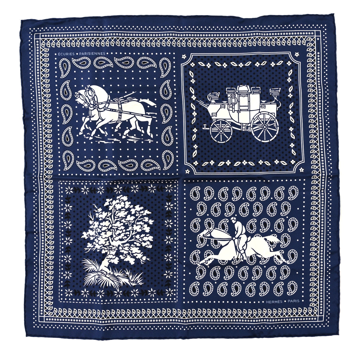 Hermes Silk Ecuries Parisiennes Bandana Scarf 55 Marine Black White 1 of 3