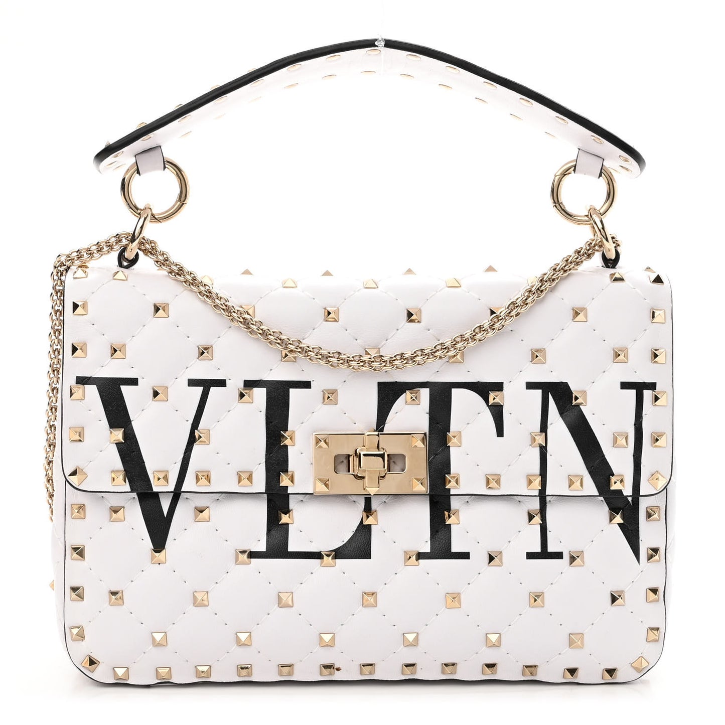 Lambskin VLTN Print Medium Rockstud Spike Shoulder Bag Optic White Black
