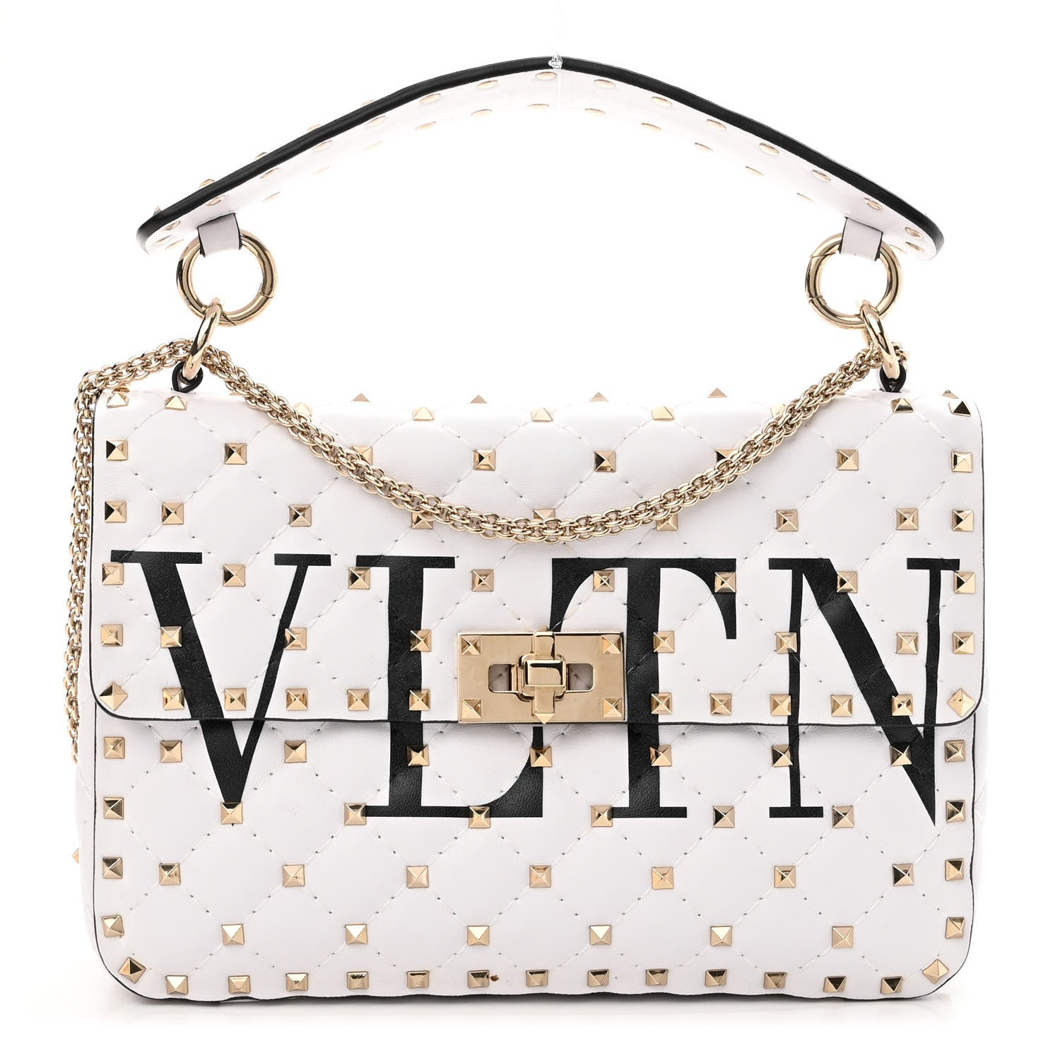 Valentino Garavani Lambskin VLTN Print Medium Rockstud Spike Shoulder Bag Optic White Black 1 of 10
