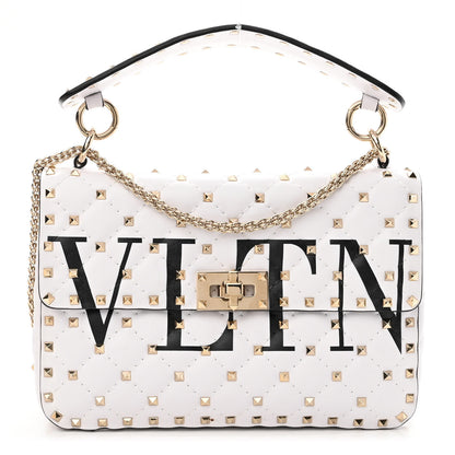 Valentino Garavani Lambskin VLTN Print Medium Rockstud Spike Shoulder Bag Optic White Black 1 of 10