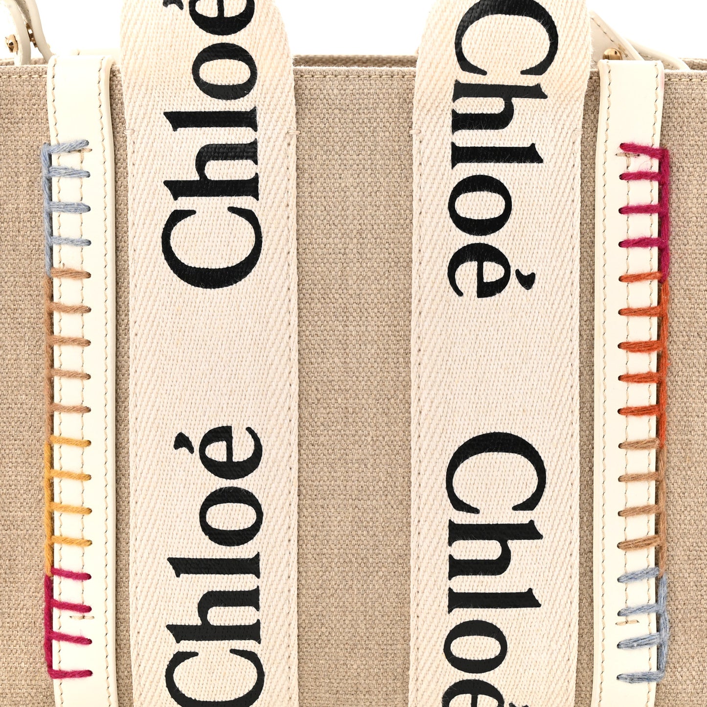 Linen Canvas Calfskin Blanket Stitched Small Woody Ribbon Tote White Multicolor