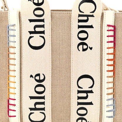 Chloe Linen Canvas Calfskin Blanket Stitched Small Woody Ribbon Tote White Multicolor 8 of 11