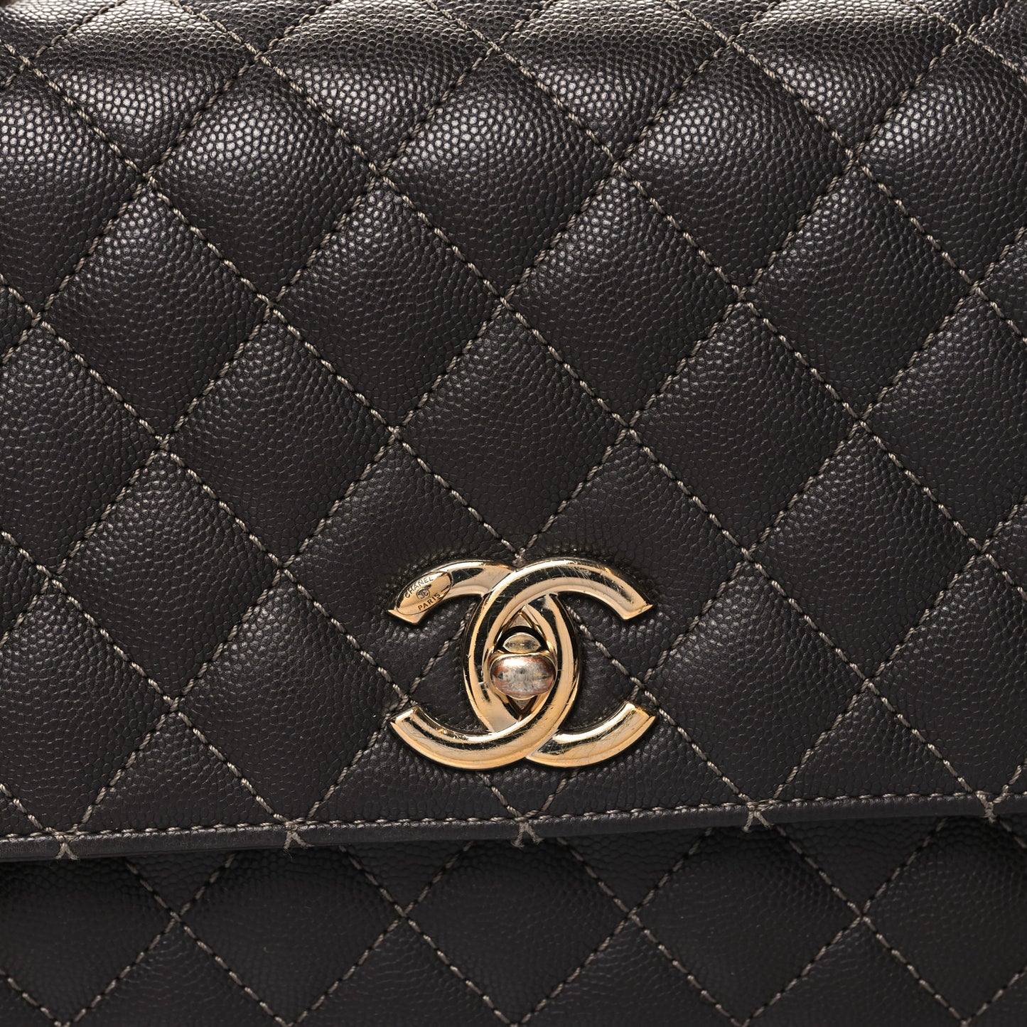 Caviar Contrast Stitch Small Coco Chain Handle Flap Dark Grey