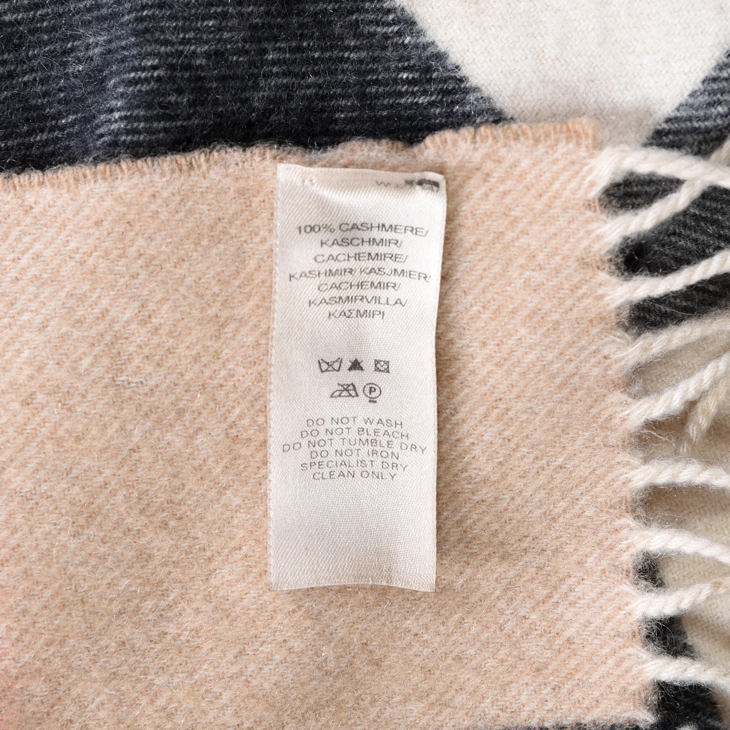 Wool Cashmere Giant Exploded Check Fringe Scarf Beige