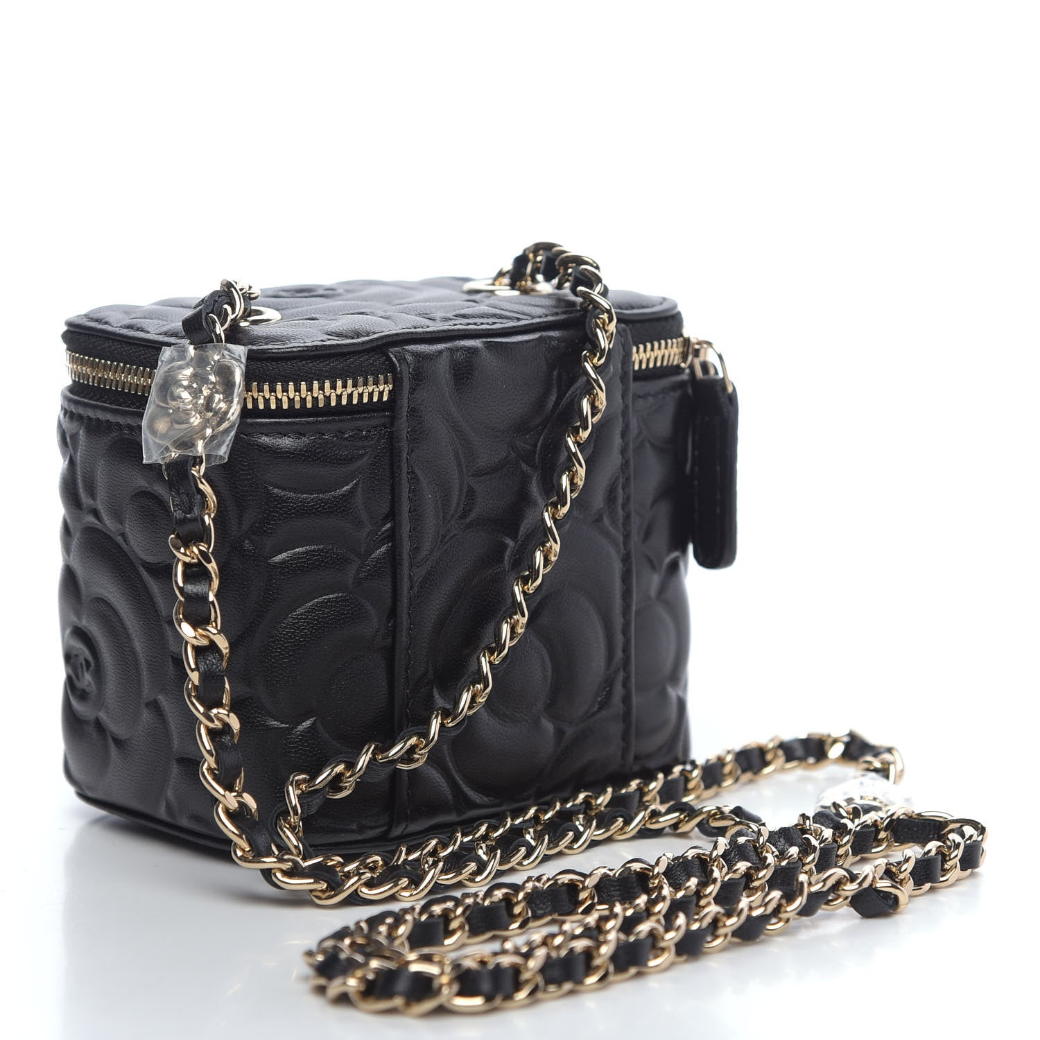 Chanel Lambskin Camellia Embossed Mini Vanity Case With Chain Black 4 of 10