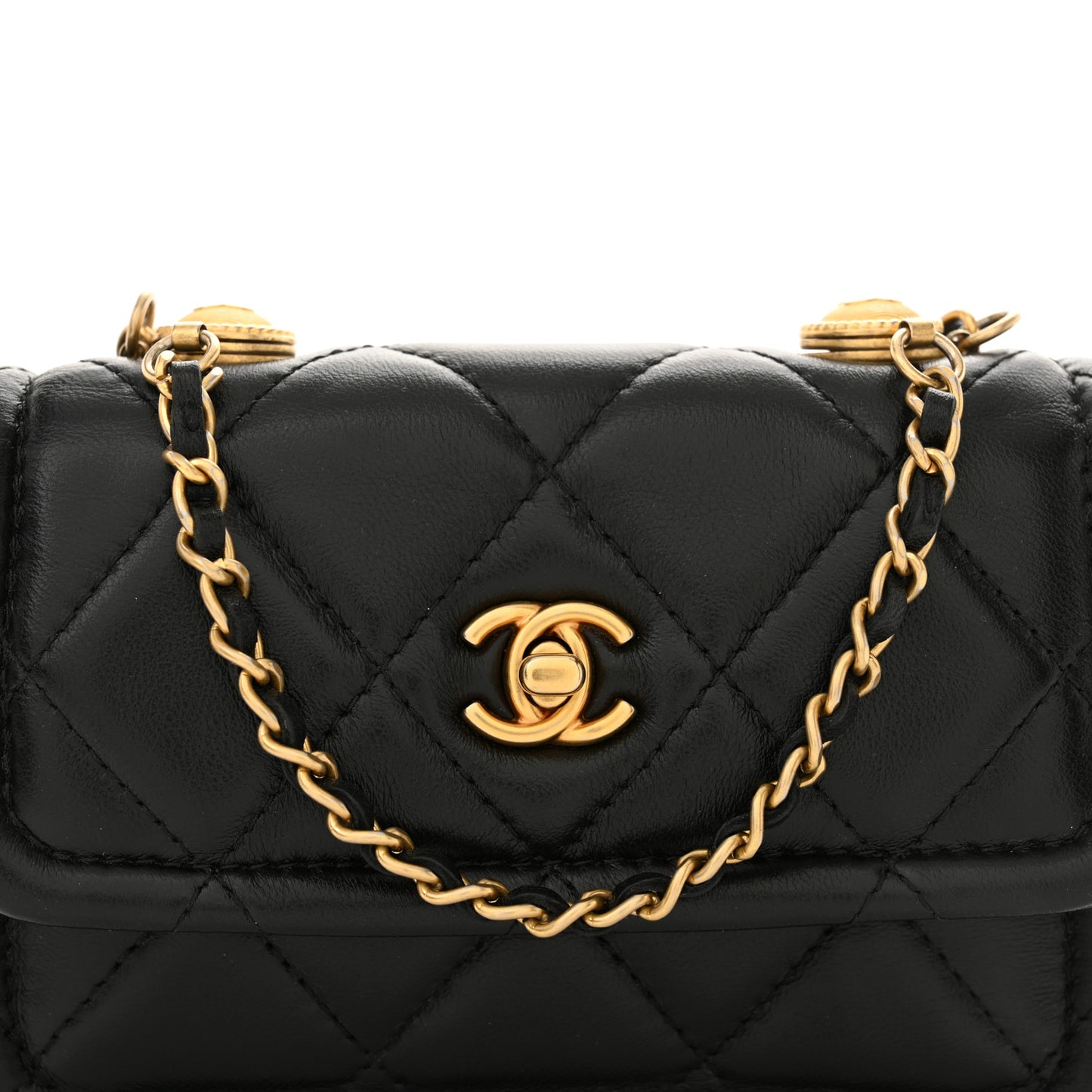 Shiny Lambskin Quilted Extra Mini Flap Black