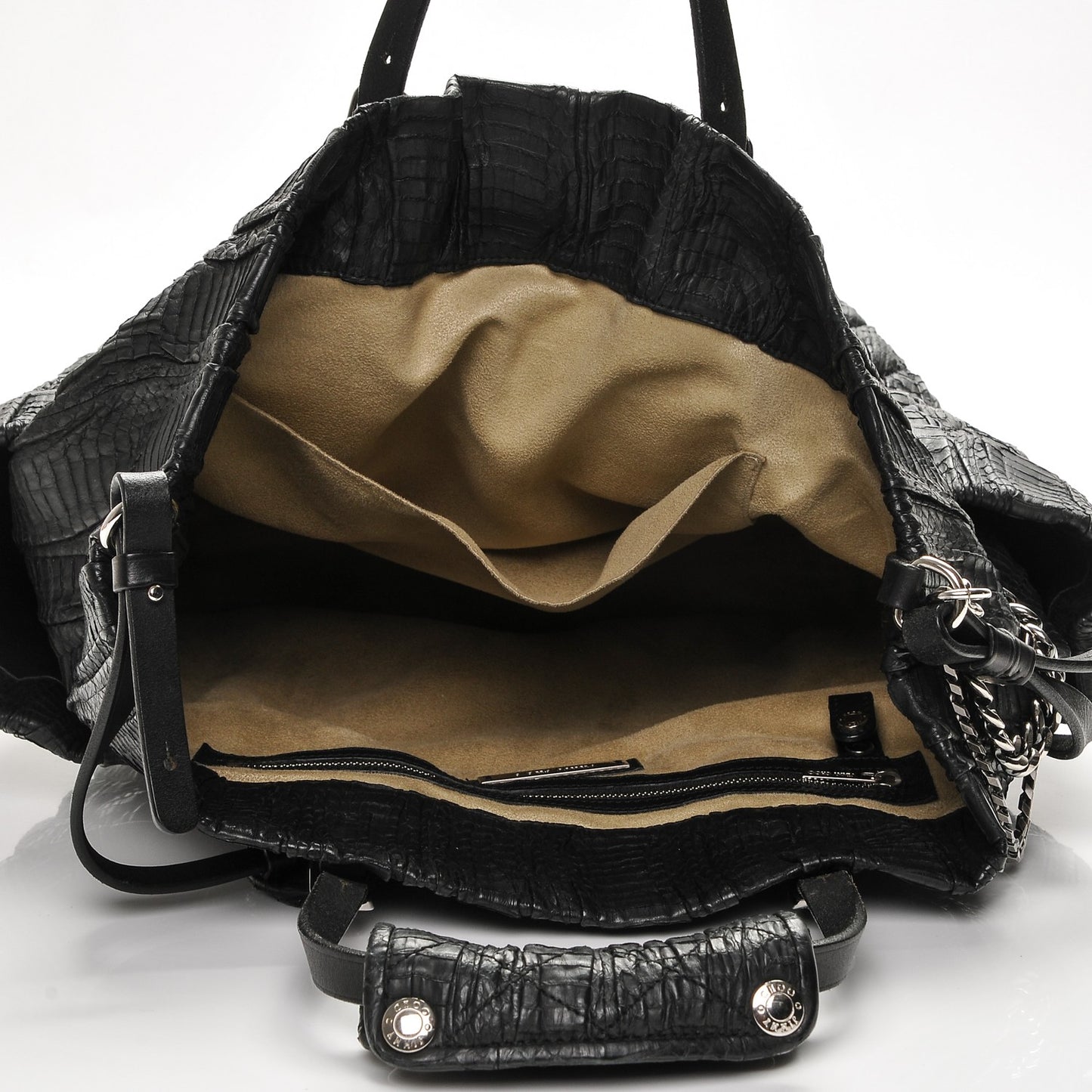 Waxed Snakeskin Chain Embellished Blare Tote Black