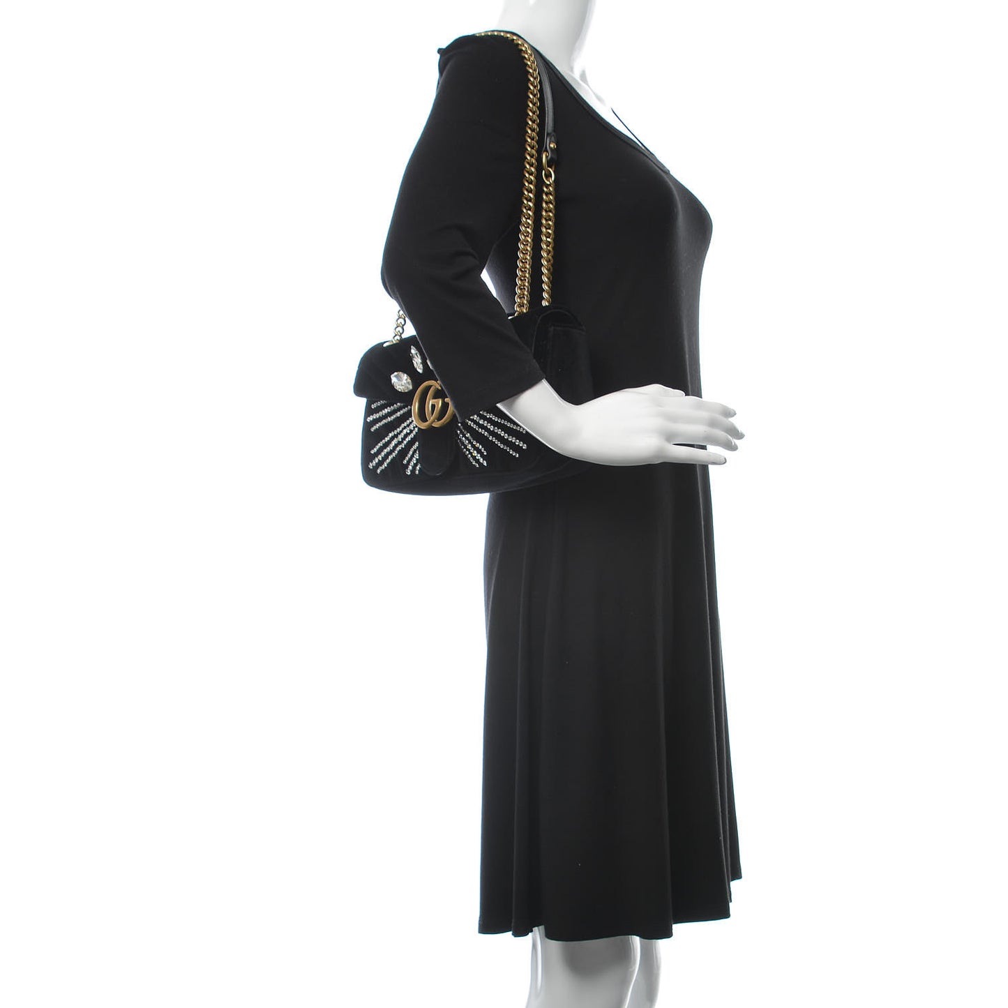 Velvet Matelasse Marquise Crystals Embroidered Small GG Marmont Shoulder Bag Black