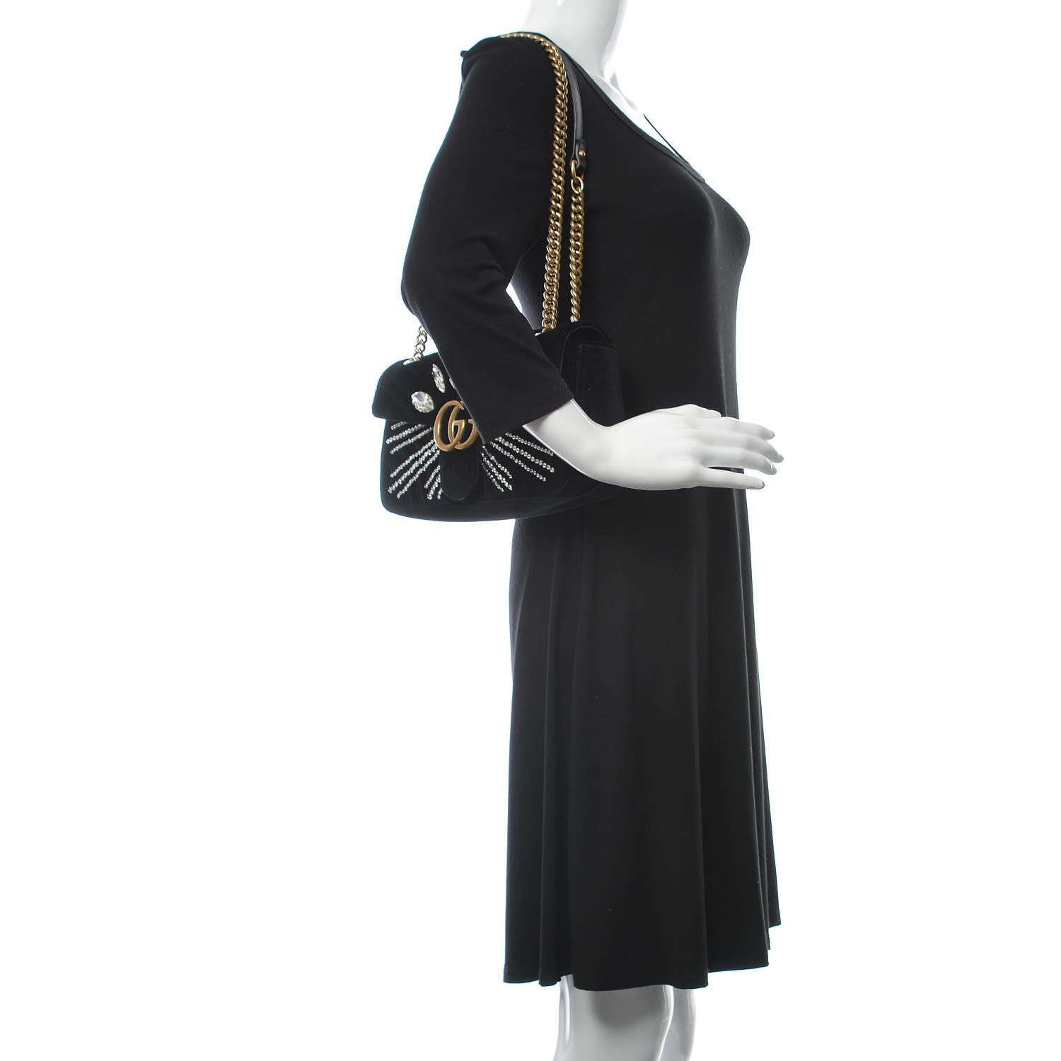 Gucci Velvet Matelasse Marquise Crystals Embroidered Small GG Marmont Shoulder Bag Black 2 of 9