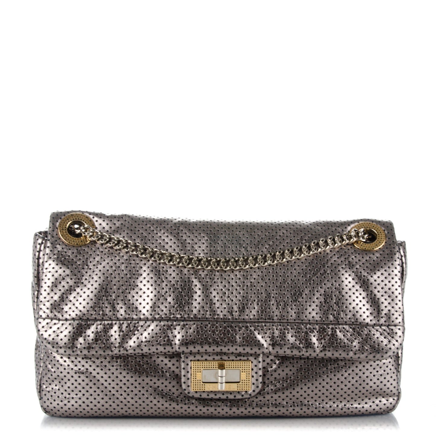 Metallic Crackled Calfskin Perforated Large Drill Flap Silver