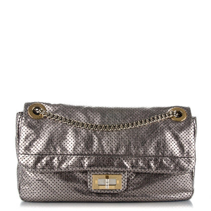 Chanel Metallic Crackled Calfskin Perforated Large Drill Flap Silver 1 of 7
