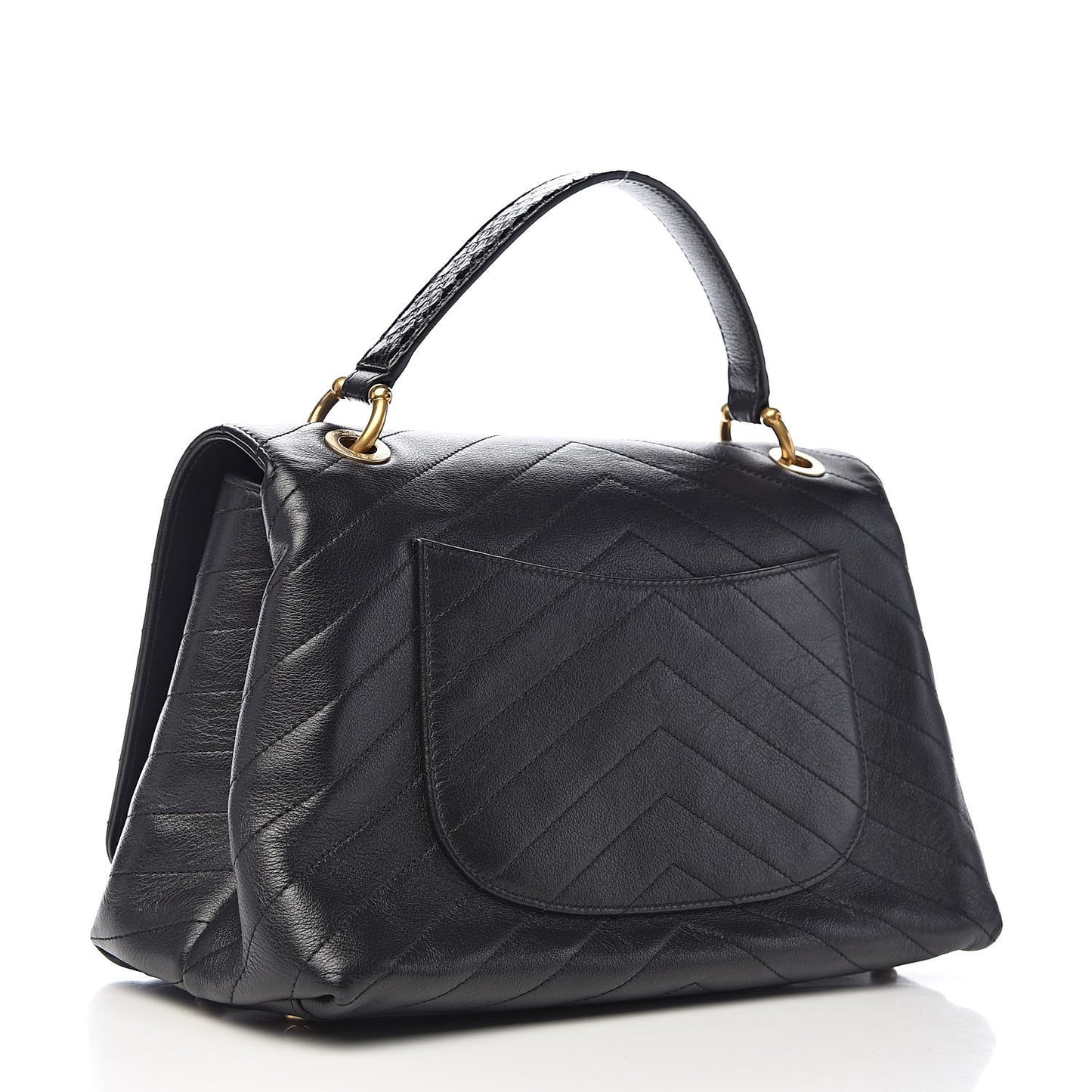 Grained Calfskin Elaphe Stitched Medium Chevron Chic Top Handle Flap Black