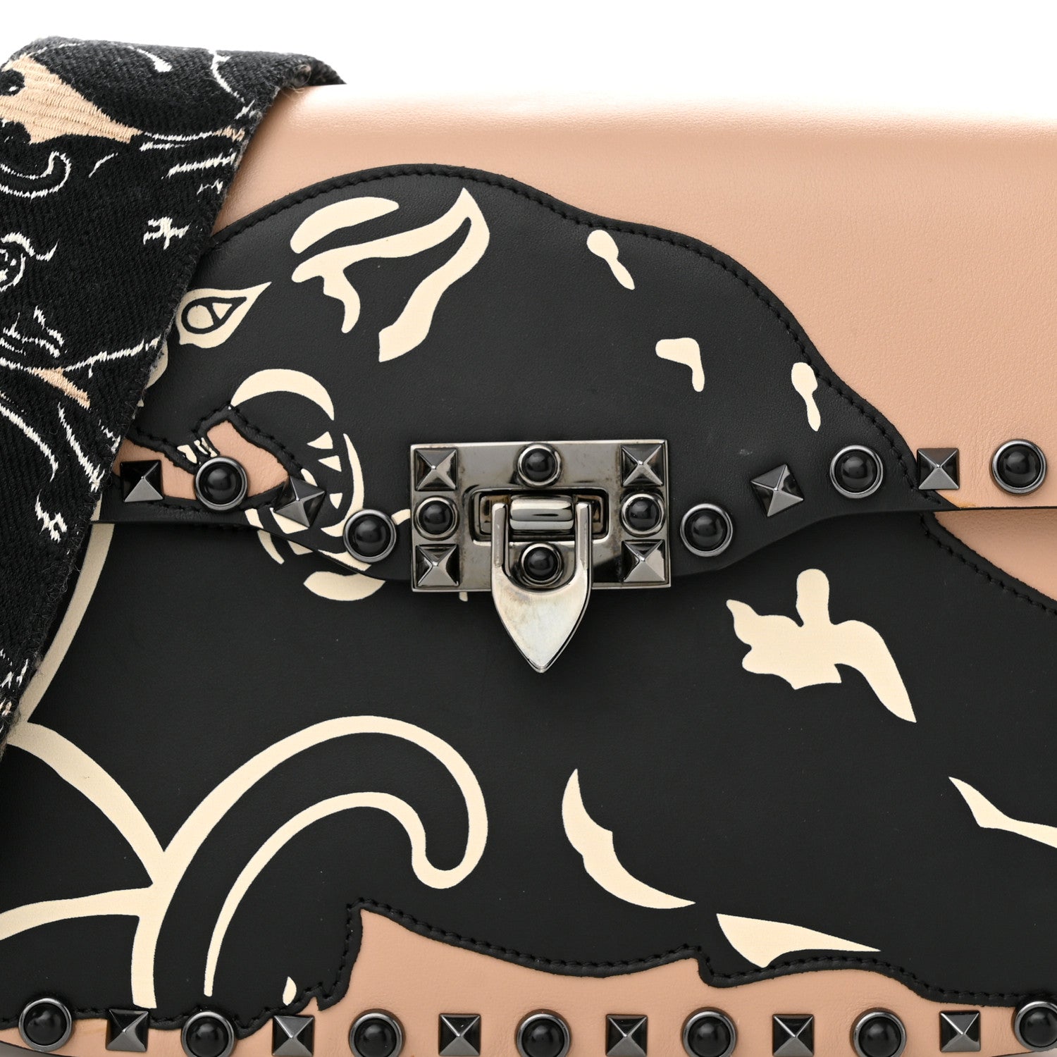 Valentino Garavani Calfskin Panther Medium Guitar Strap Rockstud Rolling Flap Saddle Bag Beige Black 6 of 9