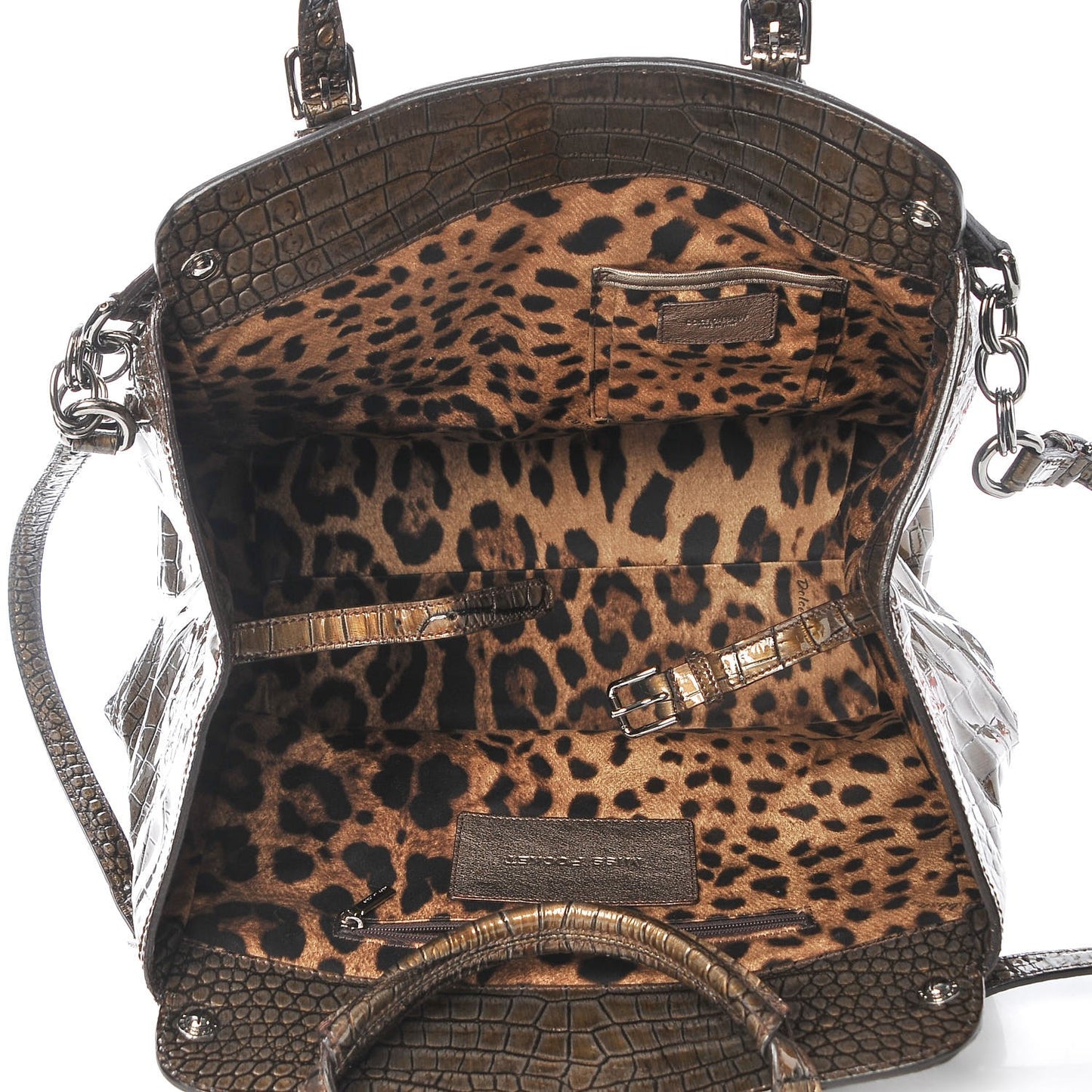Patent Crocodile Embossed Miss Pocket Satchel Brown
