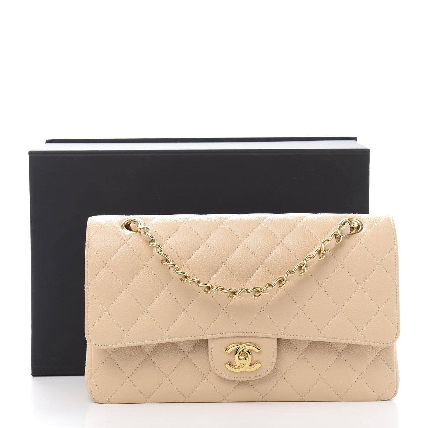 Caviar Quilted Medium Double Flap Beige