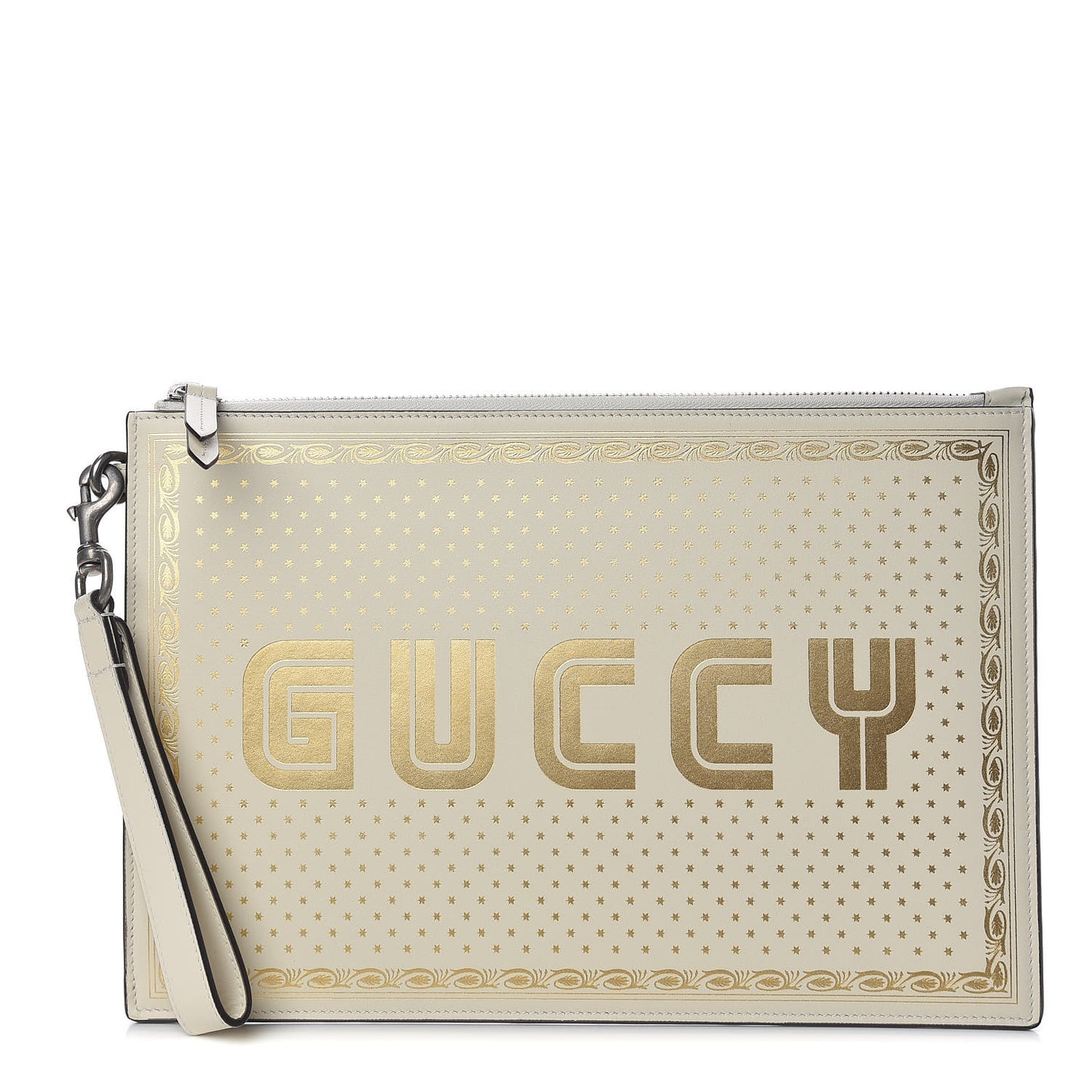X SEGA Calfskin GUCCY Stars Zip Wristlet Pouch Mystic White Gold