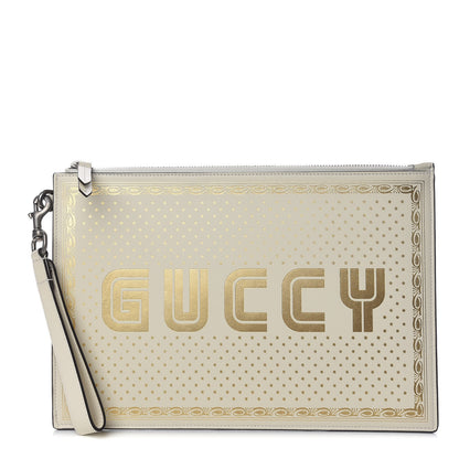 Gucci X SEGA Calfskin GUCCY Stars Zip Wristlet Pouch Mystic White Gold 1 of 10