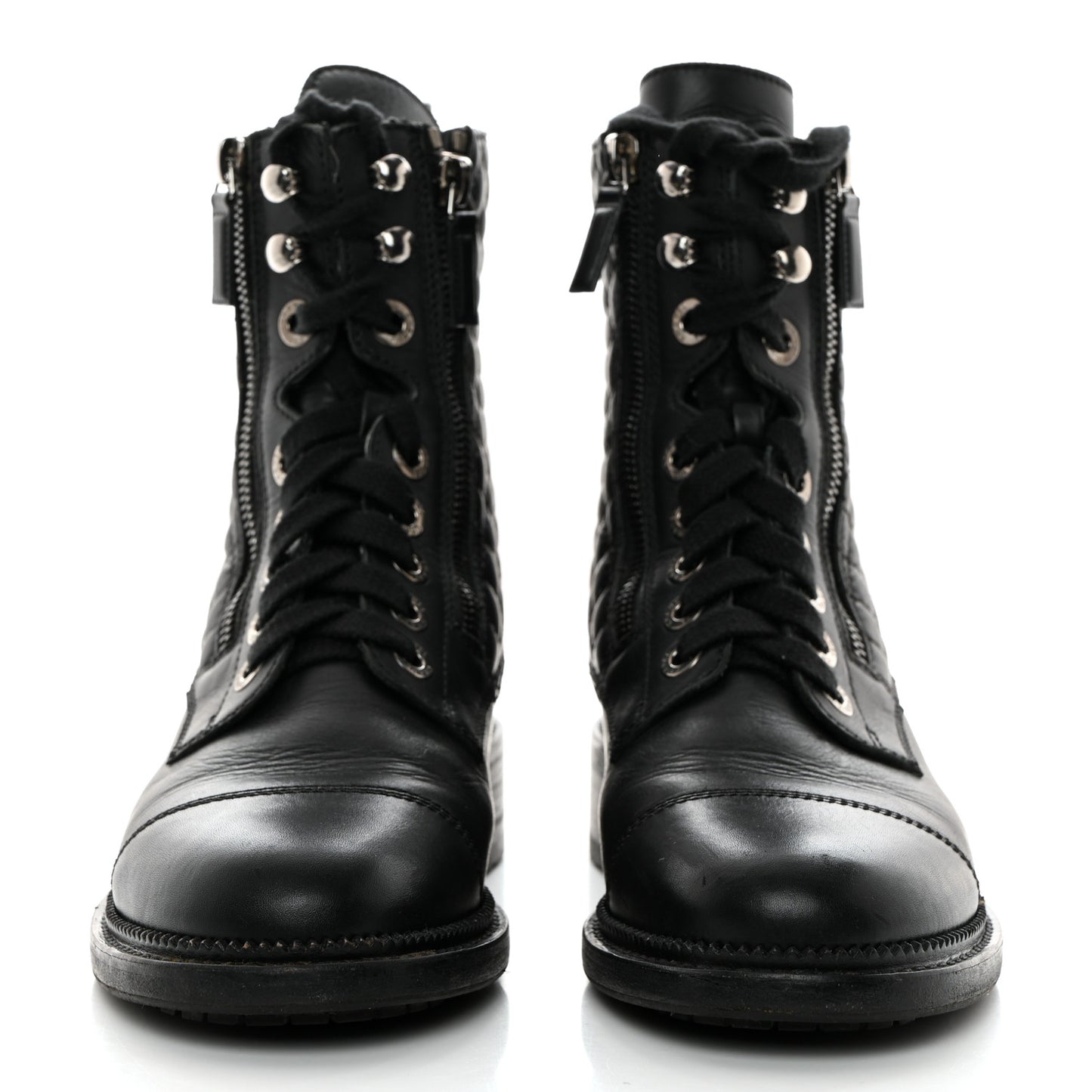 Calfskin Quilted Lace Up Combat Boots 37 Black