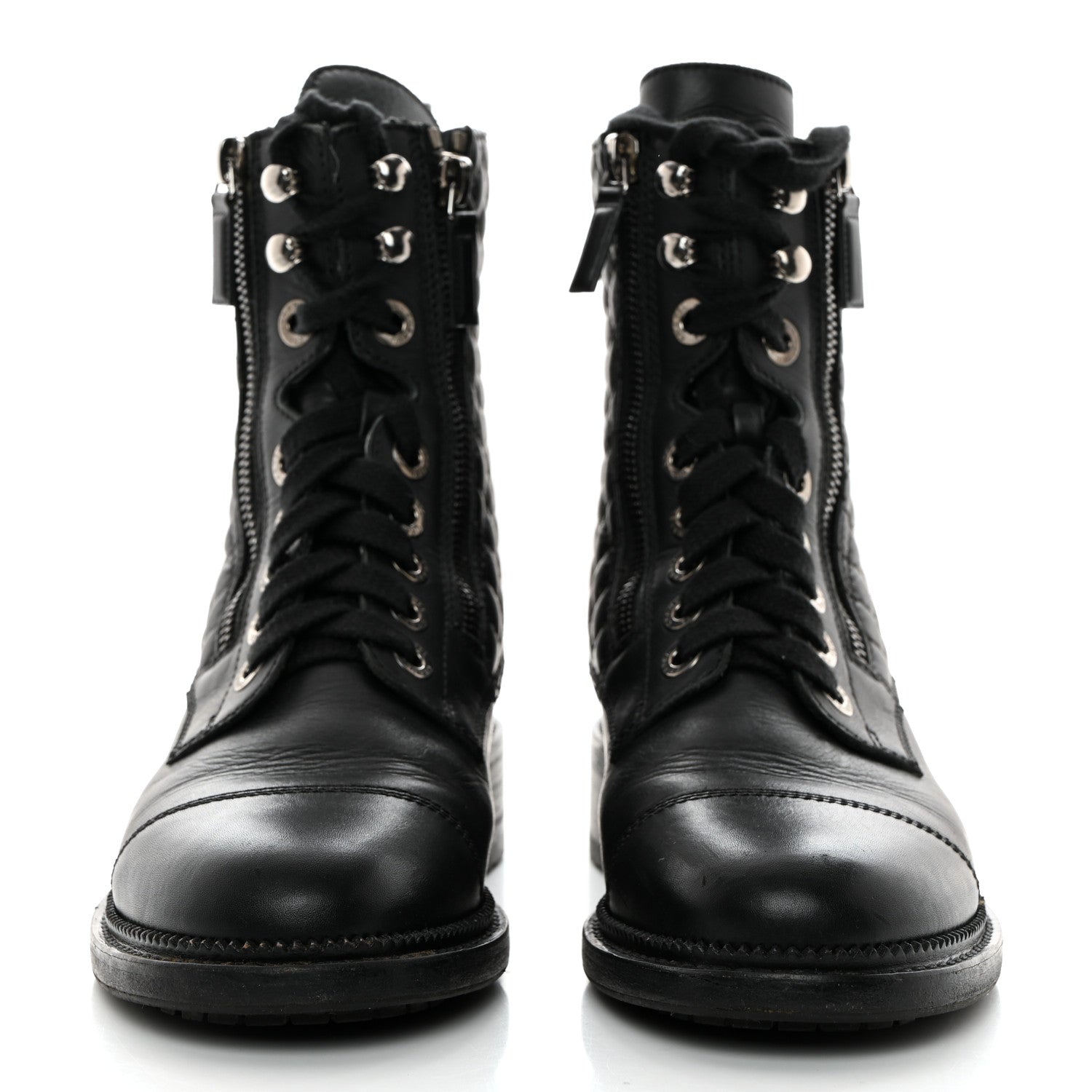 Chanel Calfskin Quilted Lace Up Combat Boots 37 Black 2 of 9