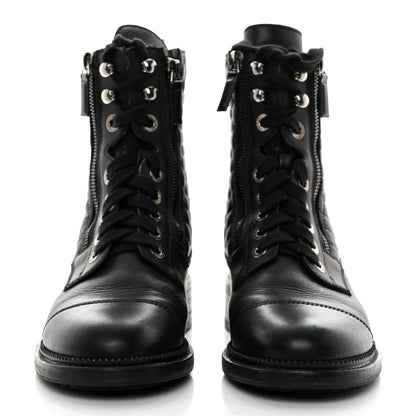 Chanel Calfskin Quilted Lace Up Combat Boots 37 Black 2 of 9