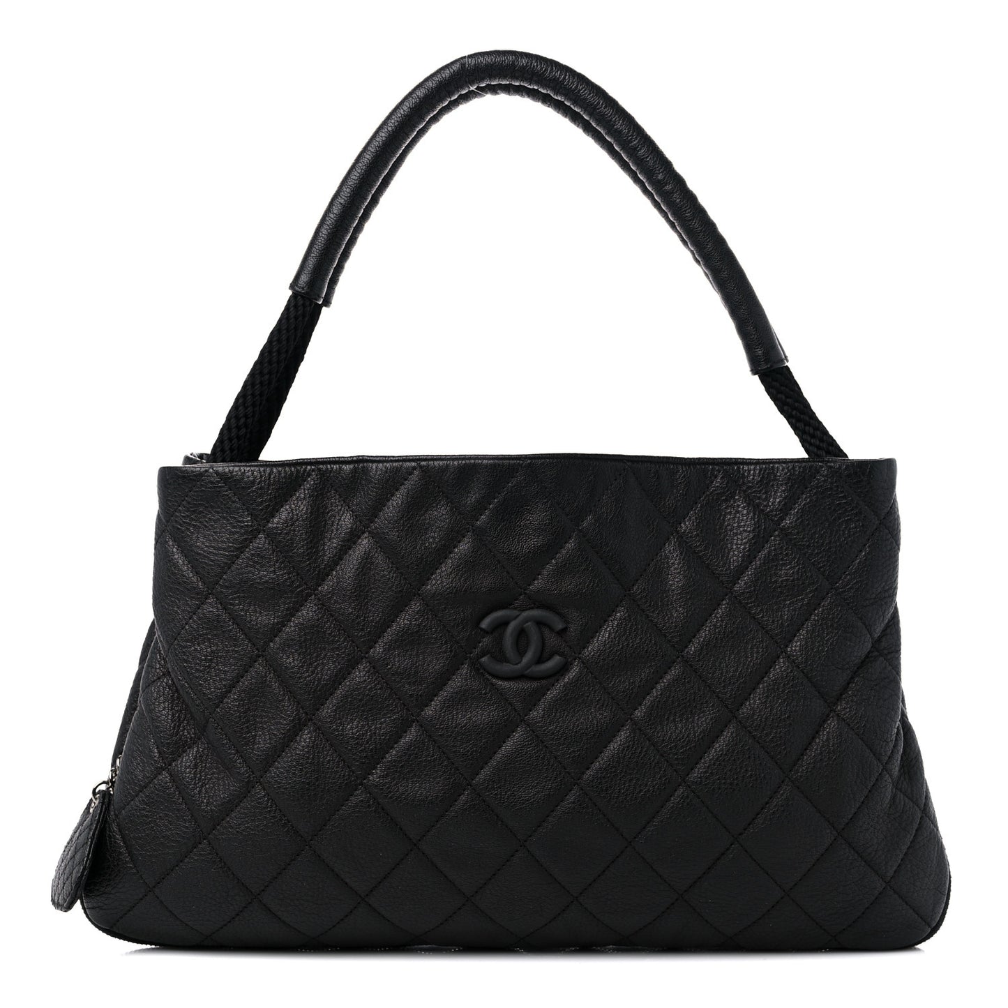 Calfskin Quilted Expandable Zip Shoulder Bag Black
