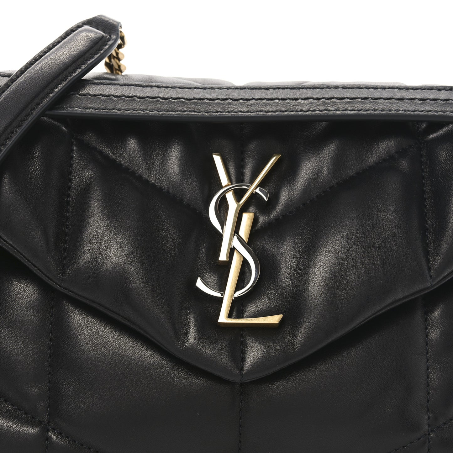 Lambskin Quilted Tri-Metal Small Loulou Puffer Monogram Chain Satchel  Black