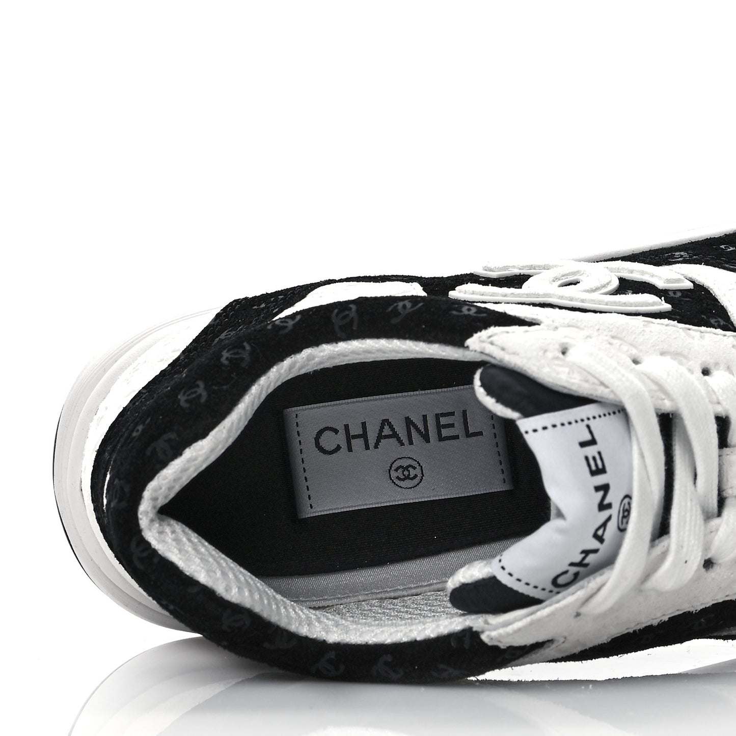Suede Calfskin Womens CC Printed Sneakers 38 Black White
