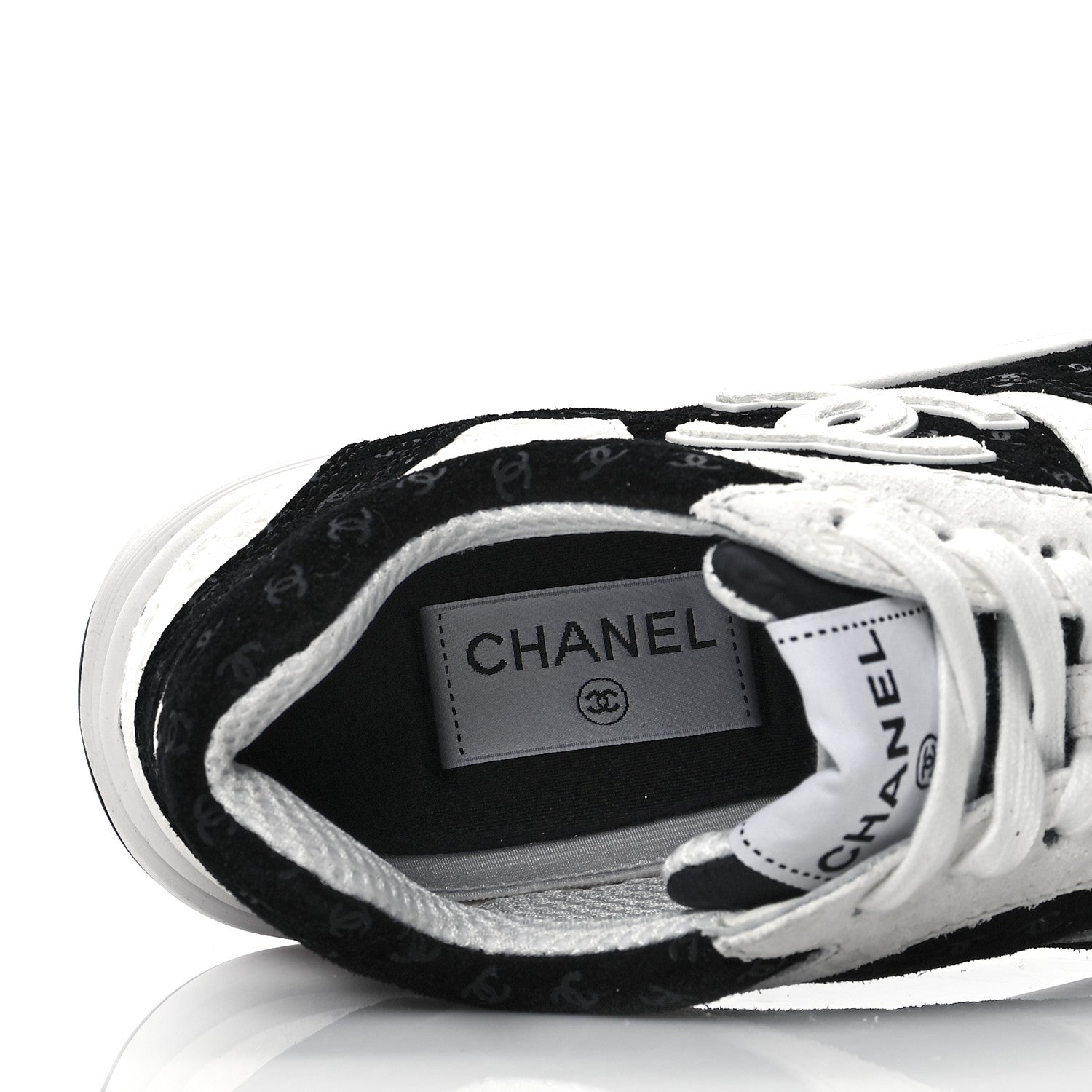 Chanel Suede Calfskin Womens CC Printed Sneakers 38 Black White 6 of 8