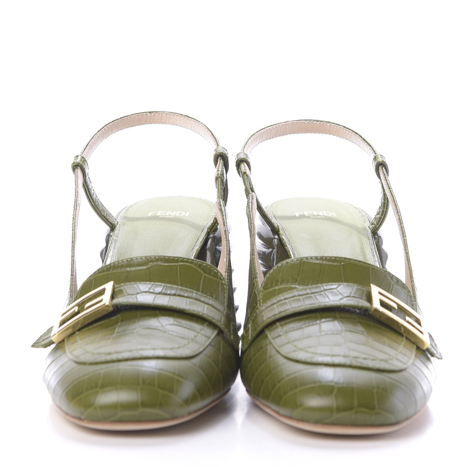 Fendi Calfskin Crocodile Embossed Promenade Slingback Loafer Pumps 38.5 Military Green 2 of 12