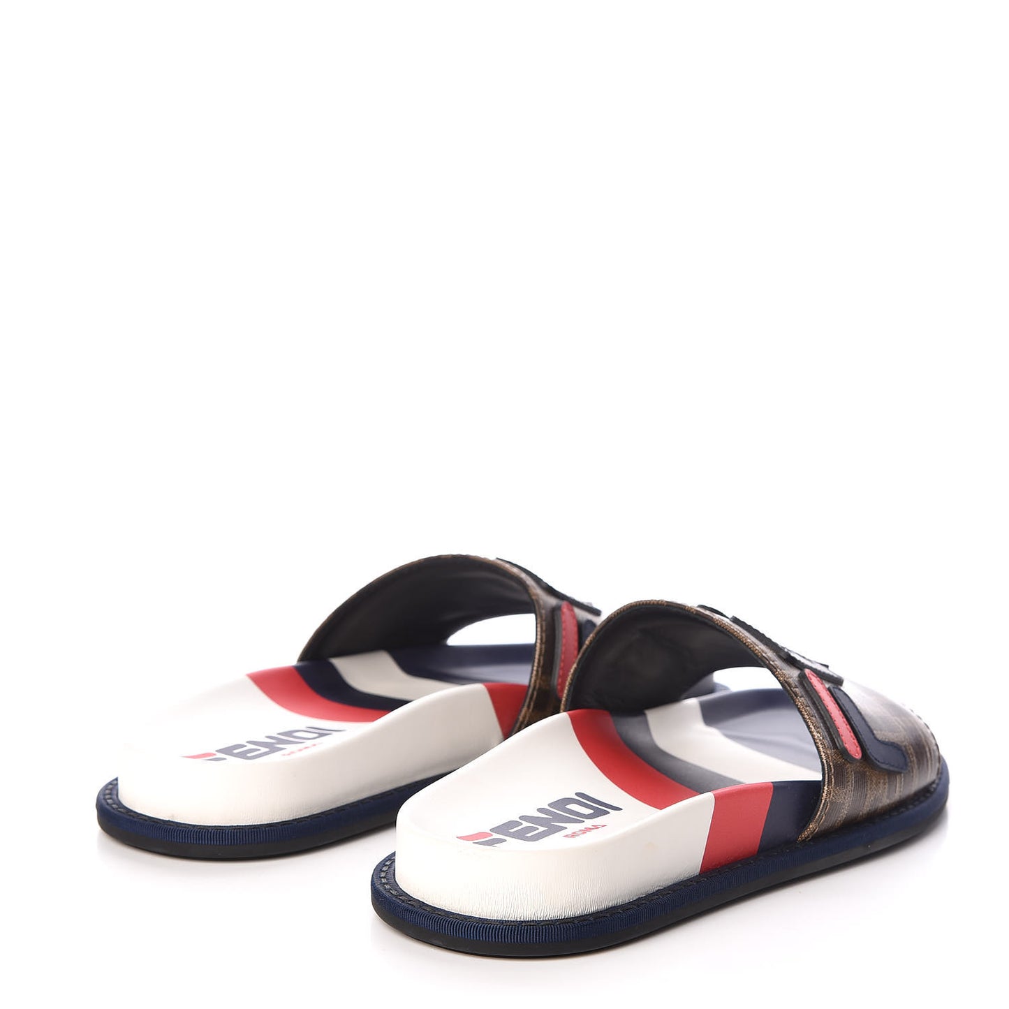 X FILA Glazed Fabric Calfskin FF 1974 Mania Slide Sandals 35 Mogano Panna Blueberry Caipiroska
