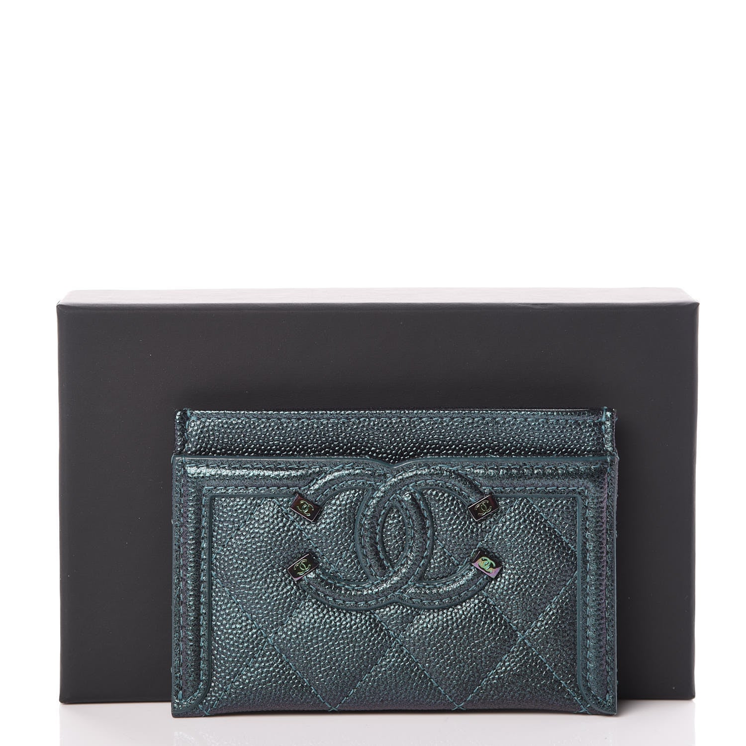 Chanel Iridescent Caviar Quilted Filigree Card Holder Dark Turquoise 8 of 8