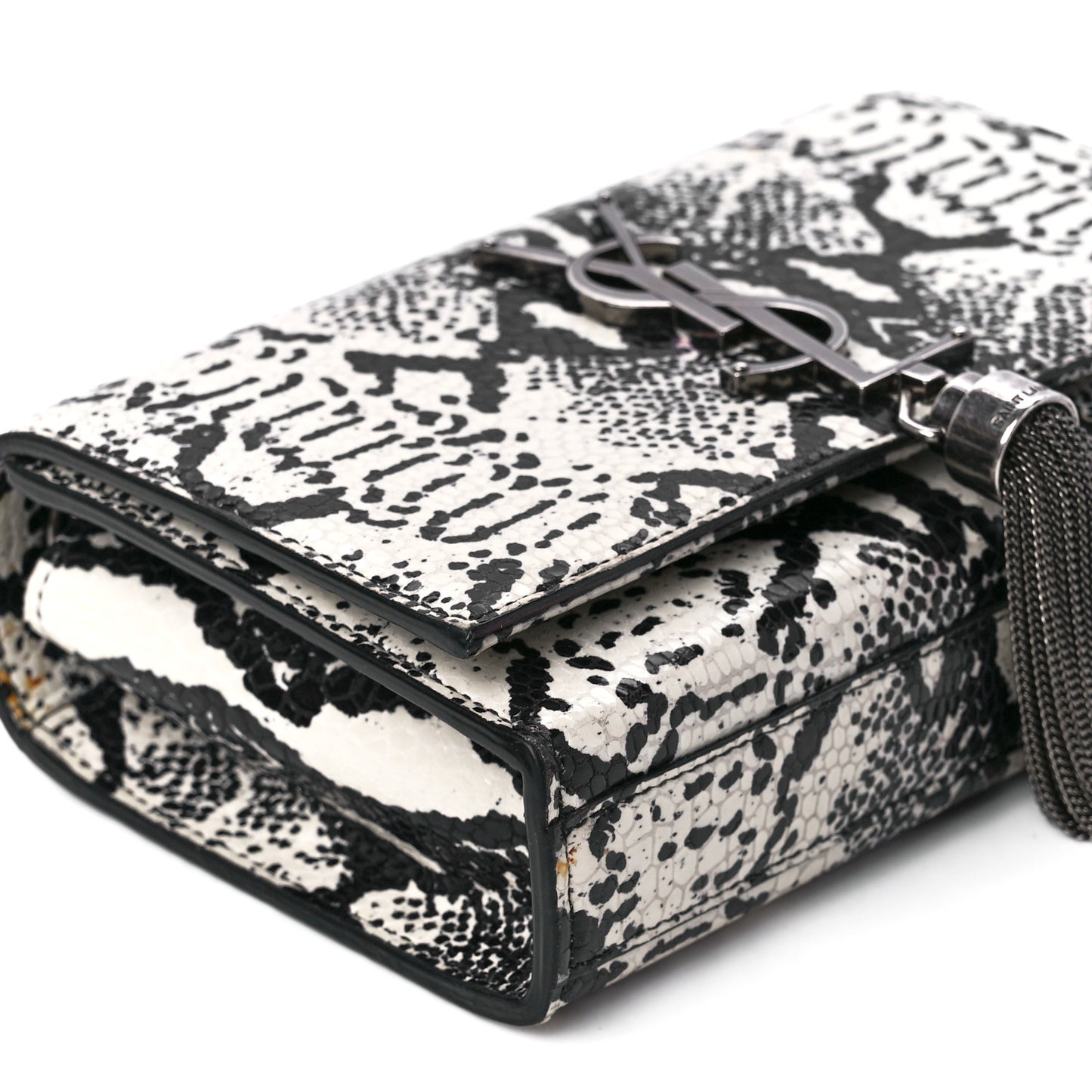 Calfskin Snakeskin Embossed Small Classic Monogram Kate Tassel Satchel White Black
