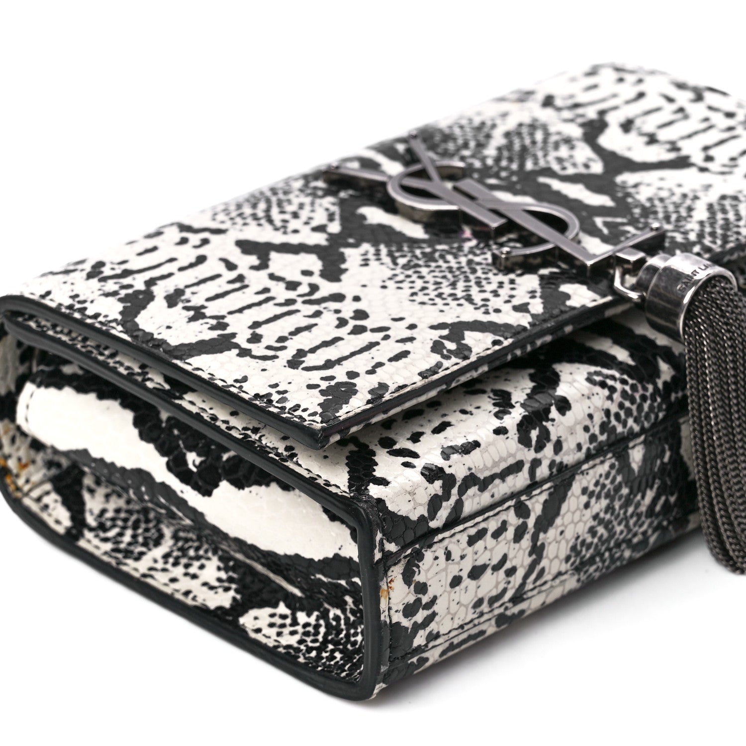 Saint Laurent Calfskin Snakeskin Embossed Small Classic Monogram Kate Tassel Satchel White Black 10 of 11