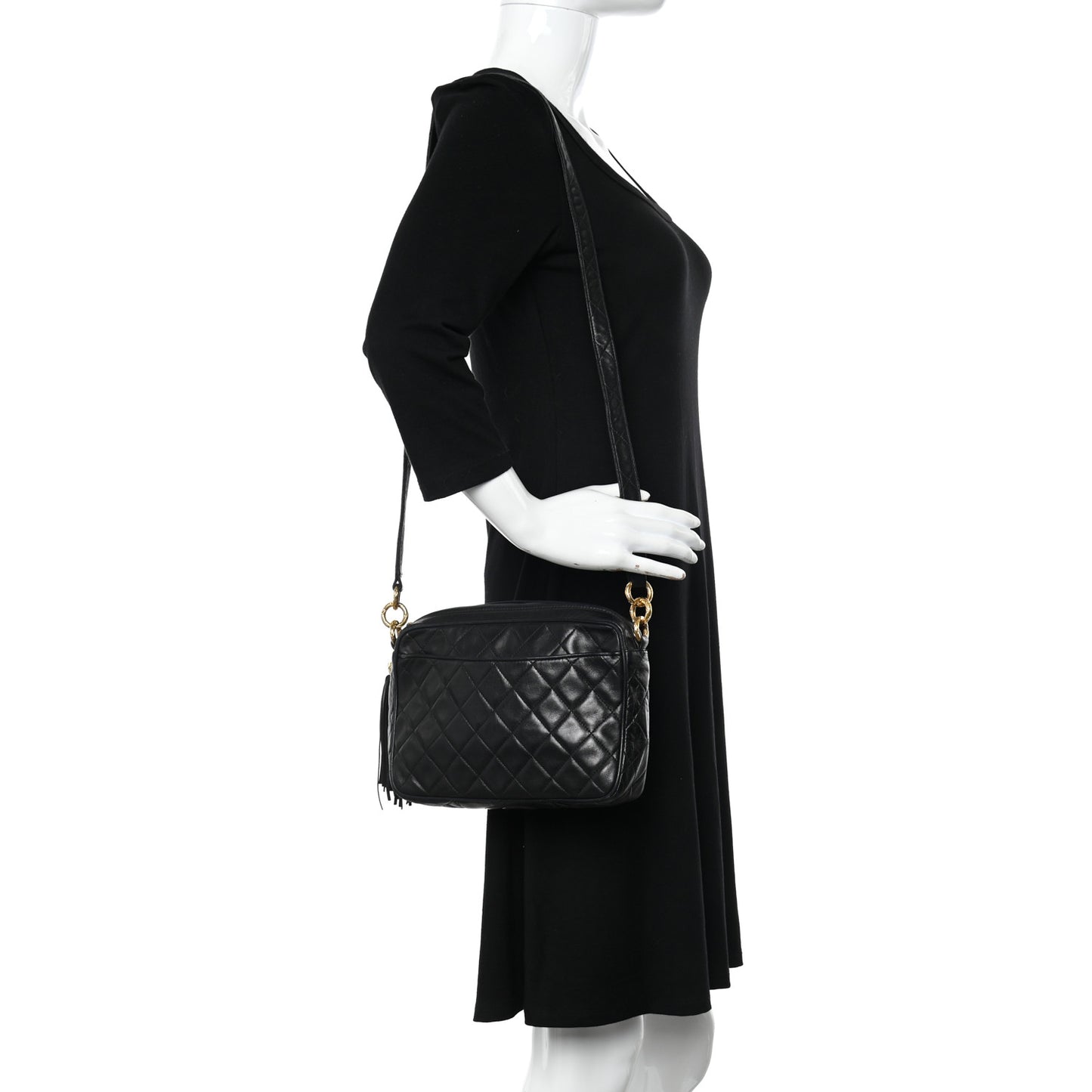 Lambskin Quilted Tassel Camera Case Black