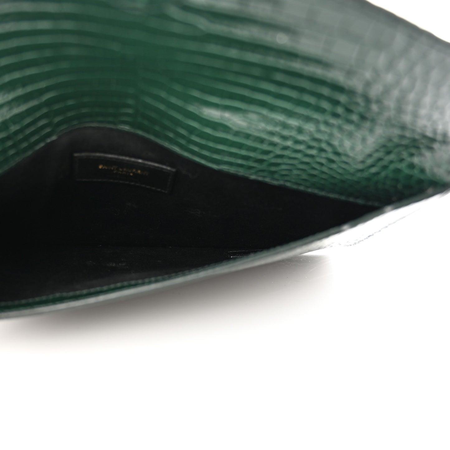 Calfskin Crocodile Embossed Uptown Monogram Clutch Dark Green