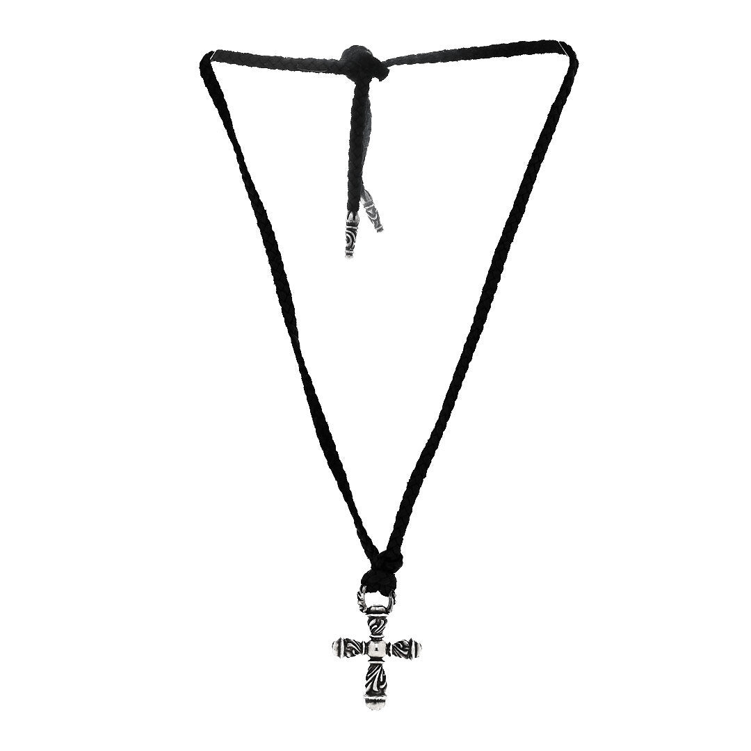 Chrome Hearts Sterling Silver Leather Campana Cross Pendant Necklace 3 of 5