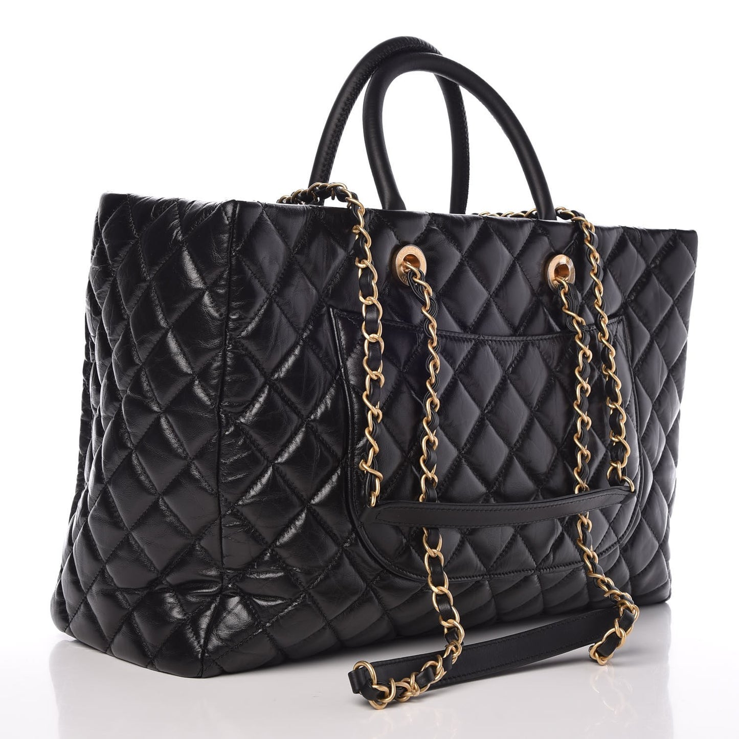 Aged Calfskin Quilted Large Coco Handle Shopping Tote Black