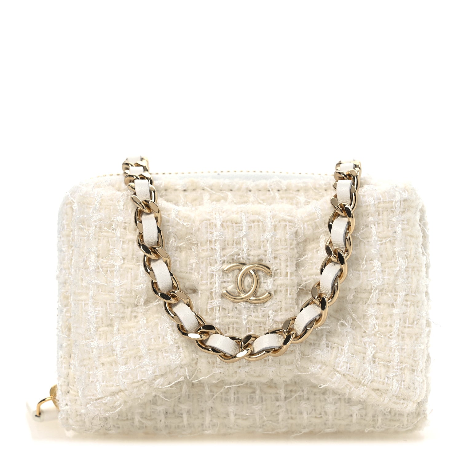 Chanel Tweed Quilted Bow Flap Card Holder On Chain White 1 of 11