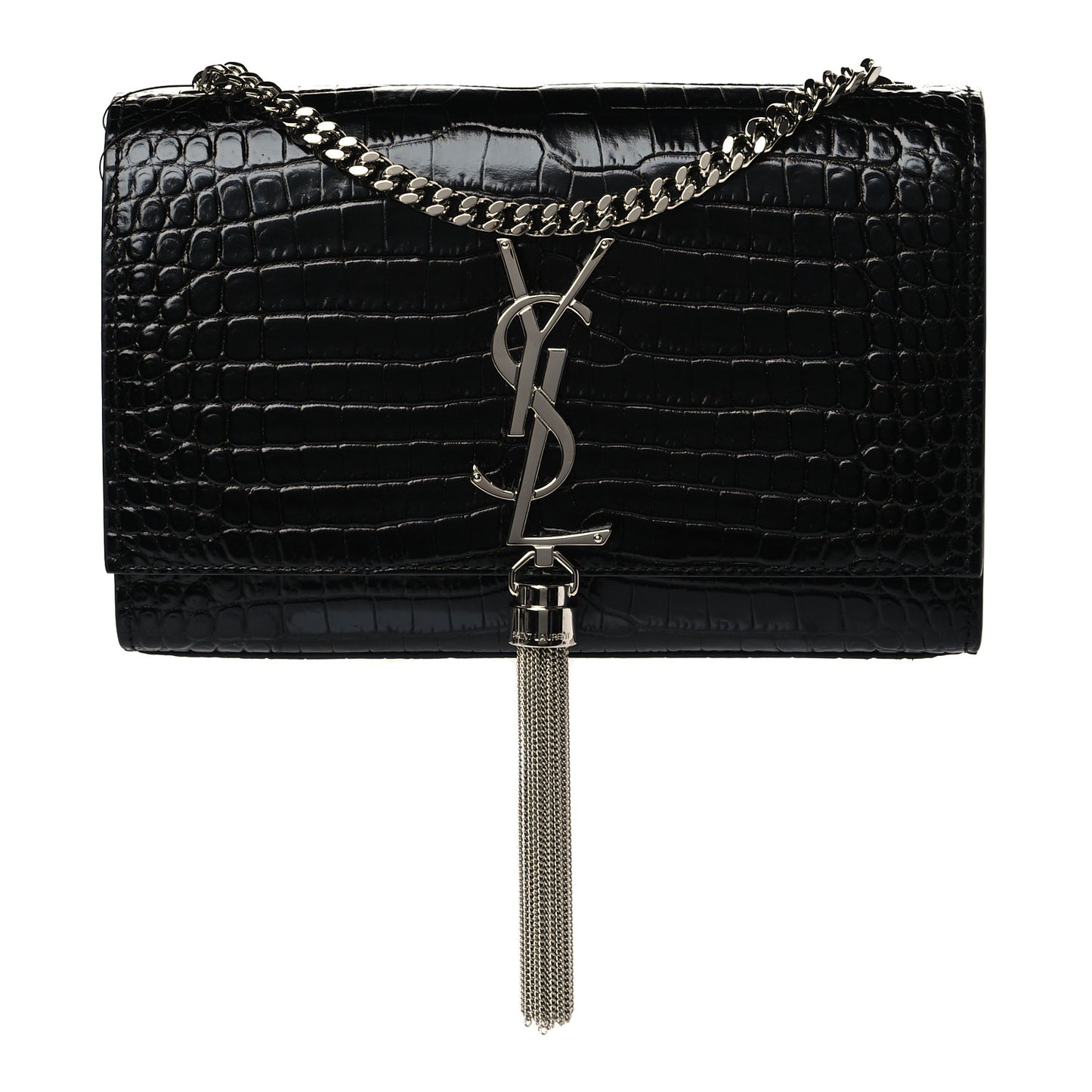 Calfskin Crocodile Embossed Small Classic Monogram Kate Tassel Satchel Black