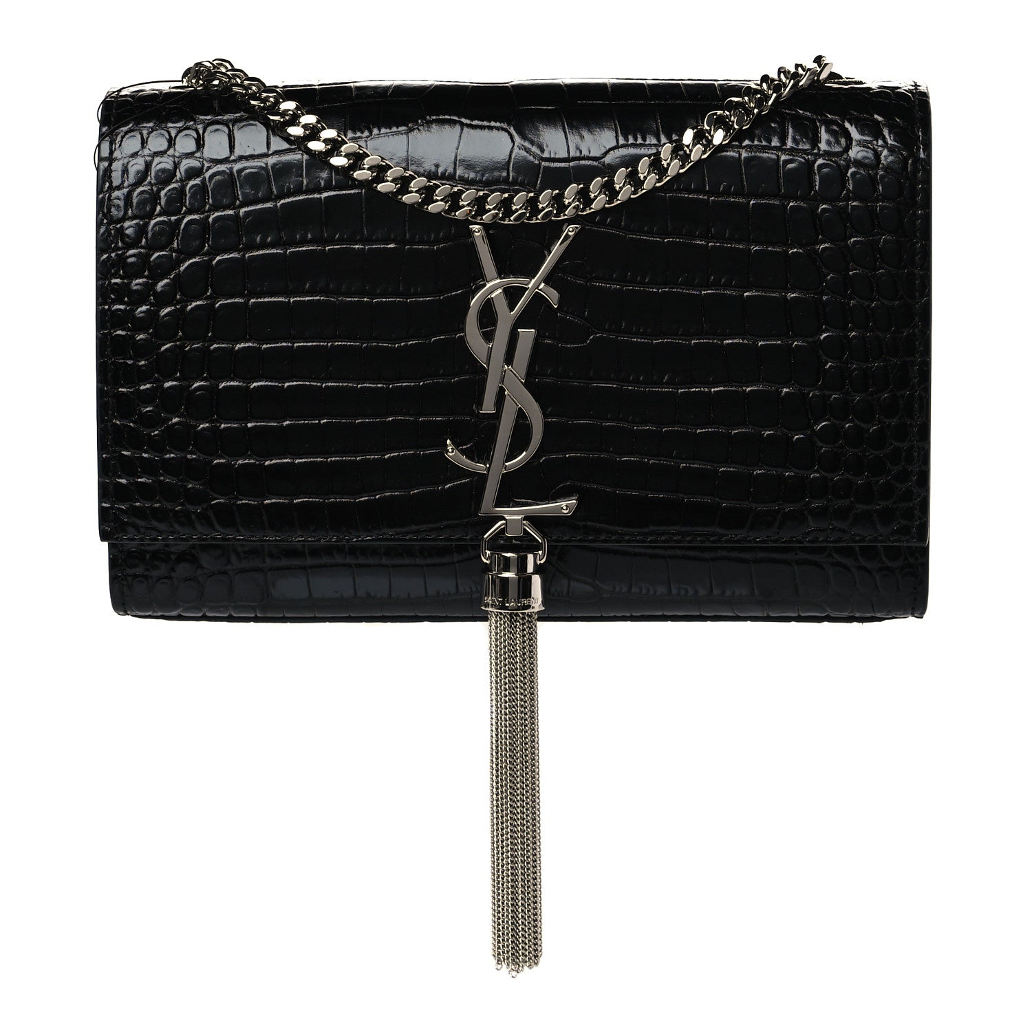 Saint Laurent Calfskin Crocodile Embossed Small Classic Monogram Kate Tassel Satchel Black 1 of 10