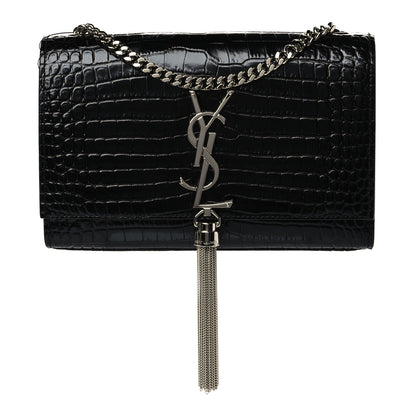 Saint Laurent Calfskin Crocodile Embossed Small Classic Monogram Kate Tassel Satchel Black 1 of 10