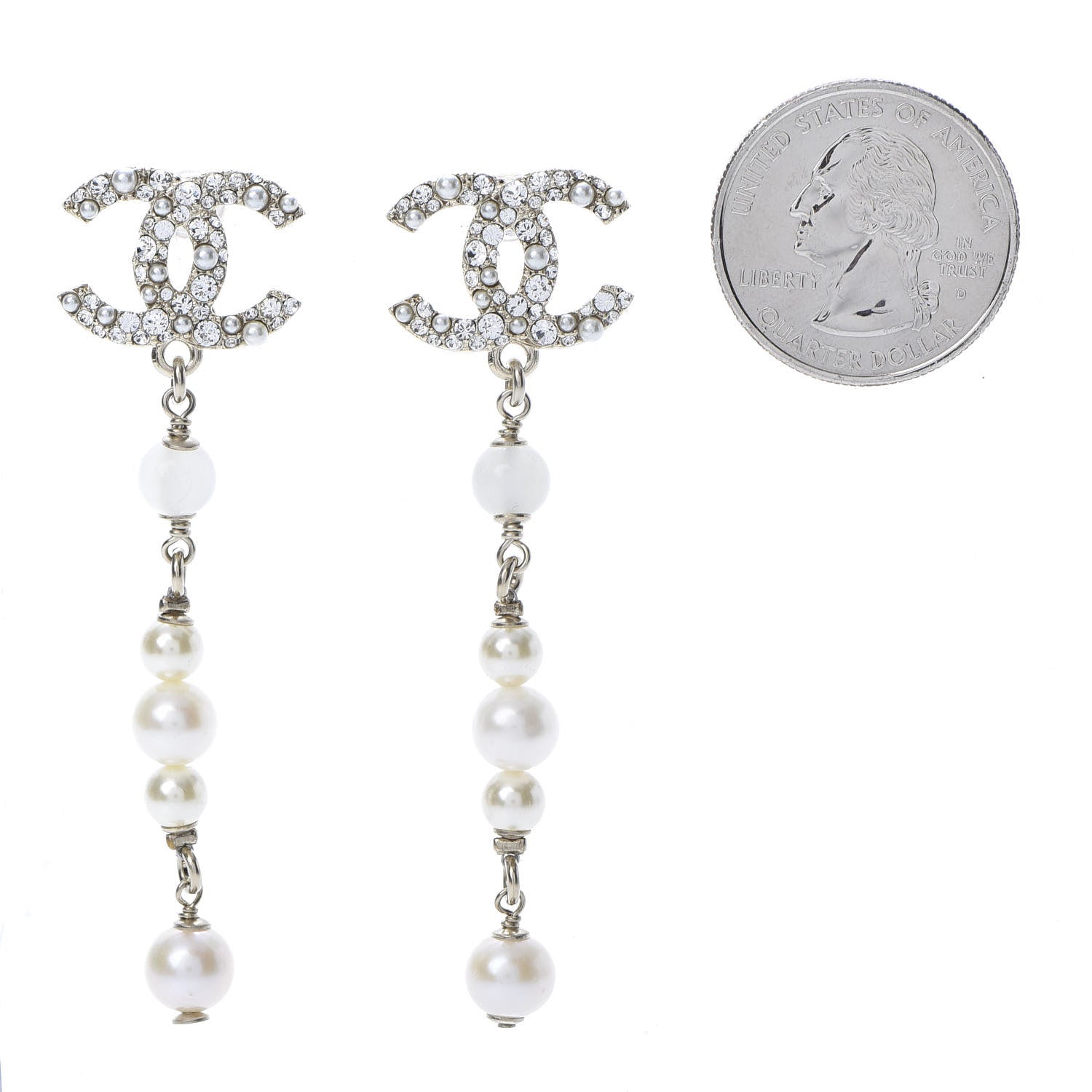 Chanel Pearl Crystal CC Drop Earrings Gold 2 of 5