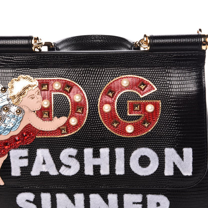 Dolce & Gabbana Calfskin Iguana Embossed Studded Medium Fashion Sinner Patch Miss Sicily Satchel Black 10 of 10