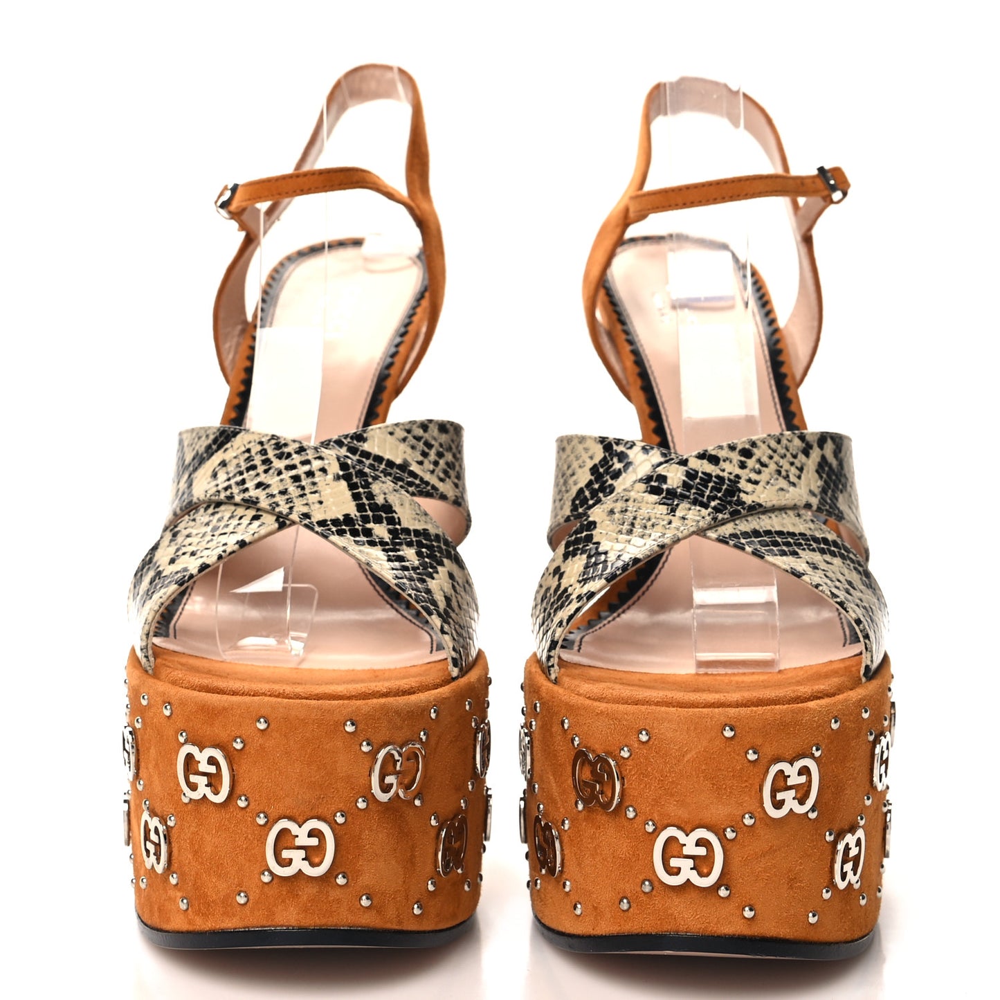 Malaga Kid Suede Snakeskin Interlocking G Studs 155mm Platform Sandals 39 Beige Cognac