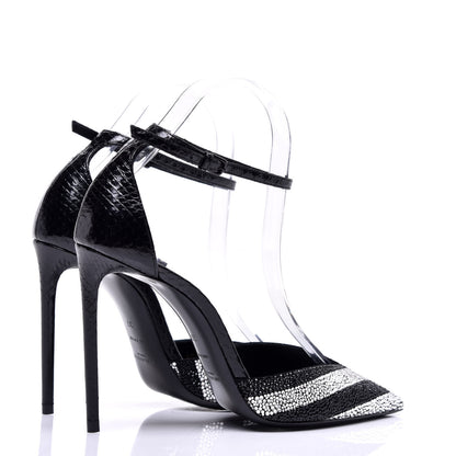 Saint Laurent Watersnake Crystal Embellished Zoe 105 Ankle Strap Pumps 37 Black 4 of 9