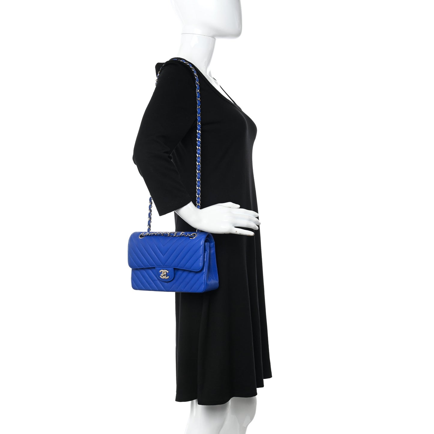 Caviar Chevron Quilted Small Double Flap Blue