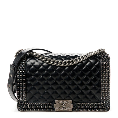 Chanel Glazed Calfskin Quilted New Medium Boy Chained Flap Black 1 of 10